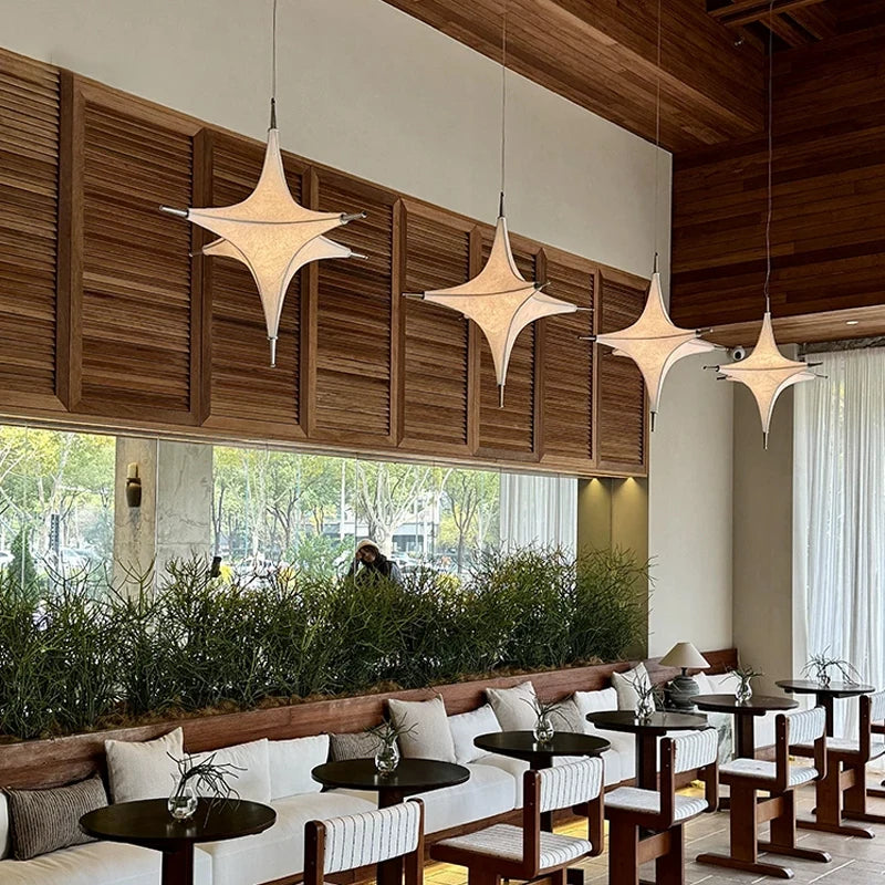 Nordic Creativity Geometric Stars Silk Chandelier Restaurant Cafe Bar Dining Room Pendant Lamp Villa Loft Hanging Light Fixture