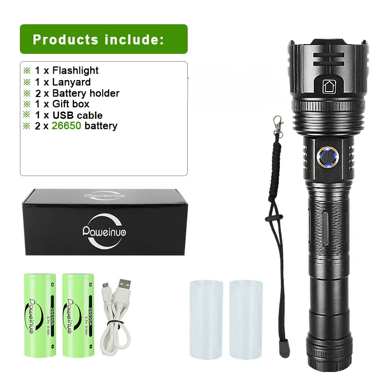 New Super Flashlights Torches Ultra Powerful Flashlight USB Recharge Flash Light 12000MAh LED Flashlight Zoom Tactical Lantern