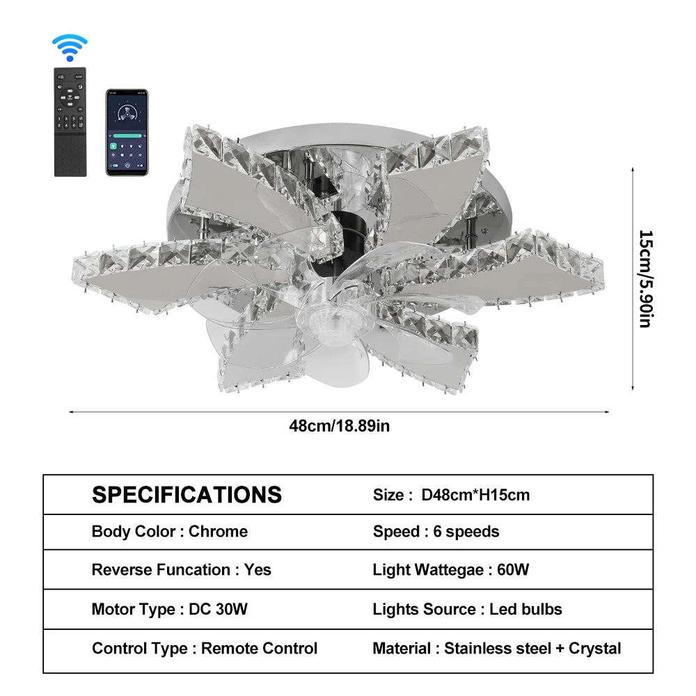 Modern Ceiling Fan Light Led Fan Lamp Smart APP RC Luxury Crystal Chandelier Home Decor Appliance Fixture Living Dining