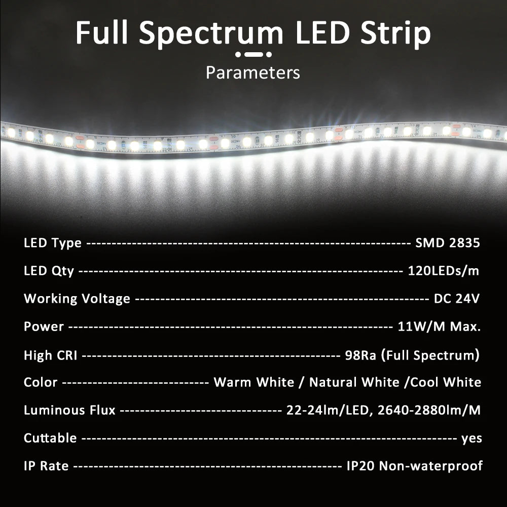 Ra98 Full Spectrum Led Strip Light 24V 10M 5M SMD2835 120LEDs Flexible Led Tape Ribbon Lamp 24 volt High CRI Flexible Lighting