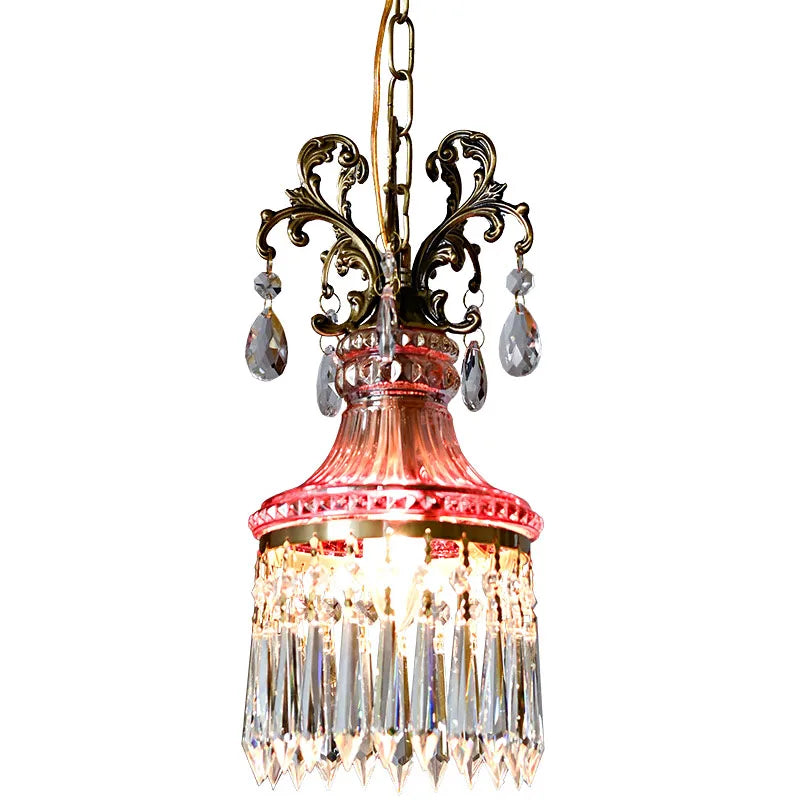 French Crystal Small Chandelier Retro Luxury Bedroom Bedside Hanging Rope Porch Aisle Corridor Balcony Copper Pendant Lighting