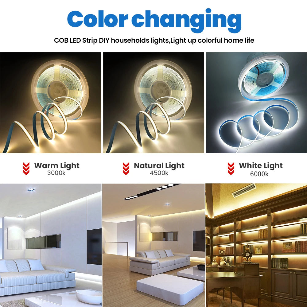 12V 24V COB LED Strip Light 320LEDs/M High Density Flexible 8mm FOB Tape Lights 5M 10M RA90 Warm Nature Cold White Linear Ribbon