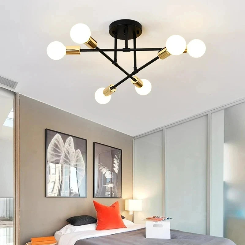 Modern Sputnik Chandelier Nordic Semi Flush Mount Ceiling Lamp Brushed Antique Gold Home Decor Lighting Fixture