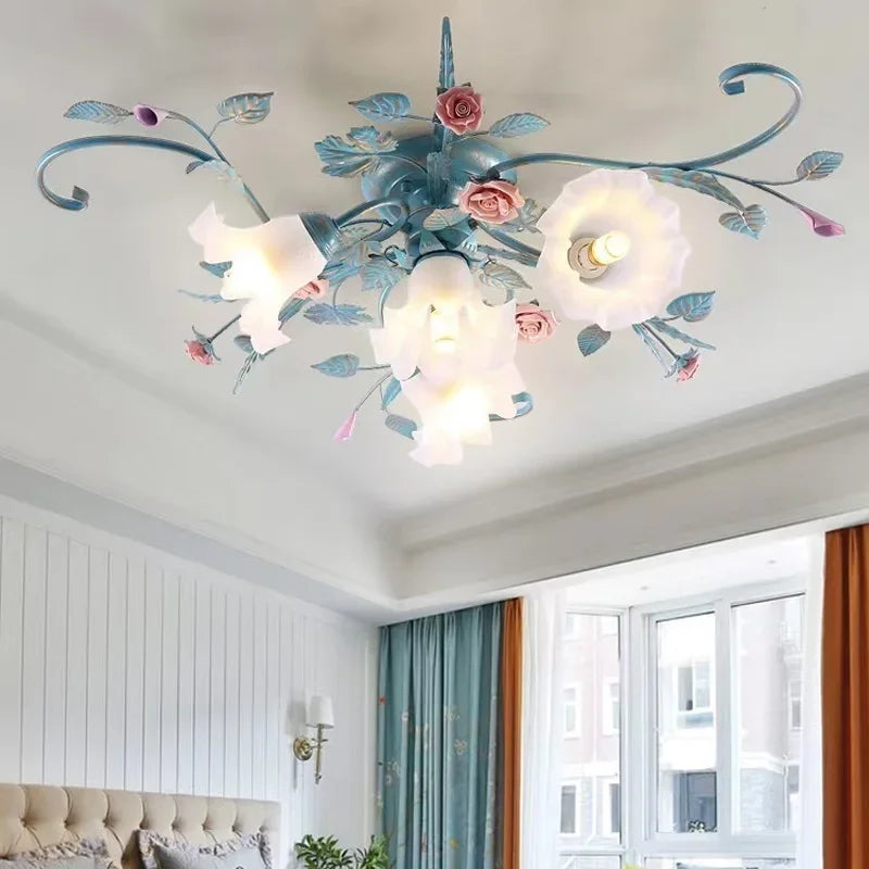 Romantic Rose Flower Ceiling Lamp Pastoral Style Glass Flower Ceiling Chandelier For Bedroom Living Room Art Attic LED Lighting