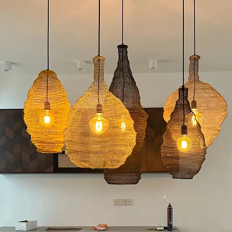 Wabi Sabi Style Pendant Lamp Hotel Restaurant Homestay Living Room Bedroom Bedside Lamp Wire Mesh Artistic Creative Lighting