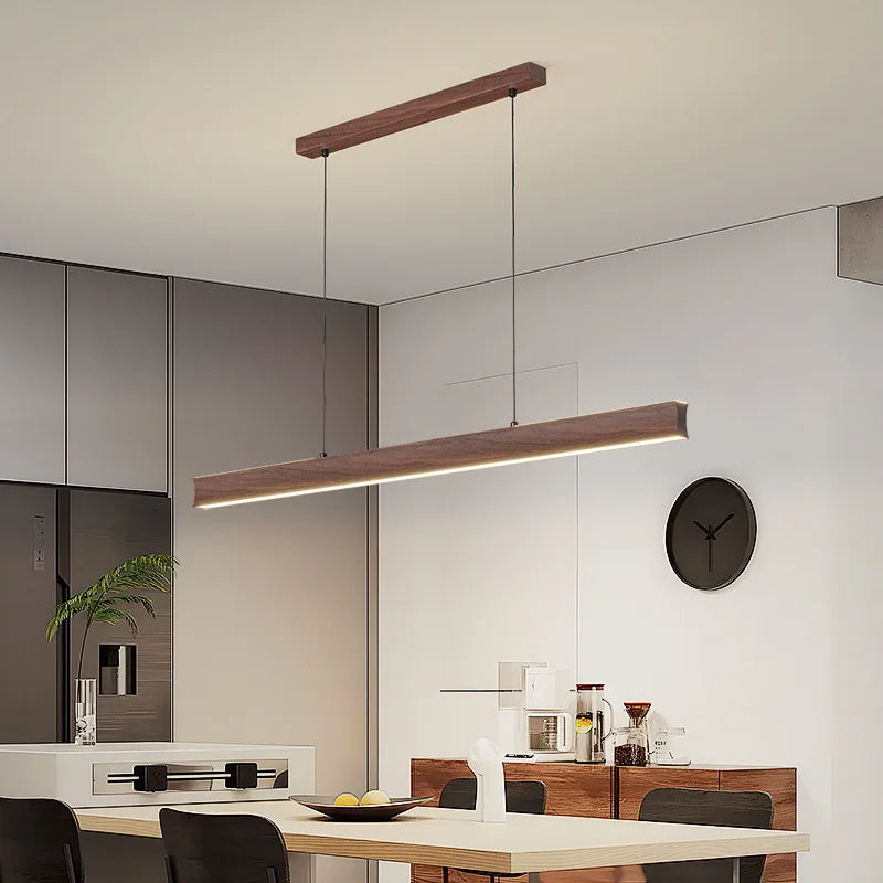 Wooden Living Restaurant Pendant Lamp Minimalist Walnut Wood Chinese Style Tea Room Bedroom LED Chandelier Straight Strip Light
