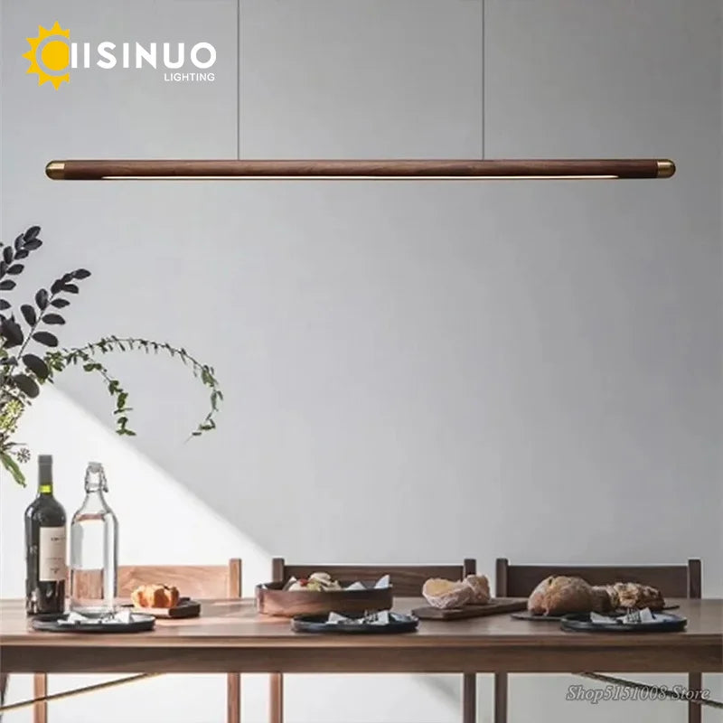 Minimalist Black Walnut Hanging Pendant Light Solid Wood Dining Lamp LED Long Strip Indoor Lighting for Living Room Kitchen Deco
