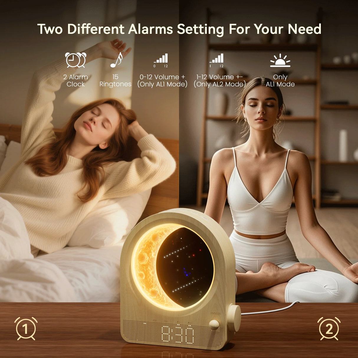 Sunrise Alarm Clocks for Bedrooms, Stepless Dimmable Moon Lamp Dual Alarm Clock with 12Levels Volume for Heavy Sleepers, 10 Natu