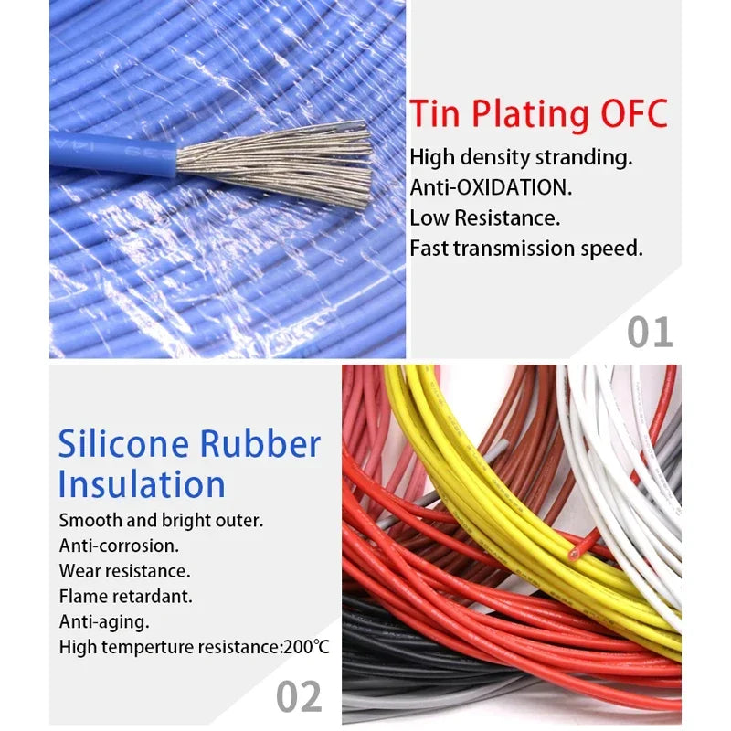 1/10M 14/16/18/20/22/24/26/28/30AWG UL3239 3KV Silicone Wire Insulated Tinned Copper Electrical Cable 3000V