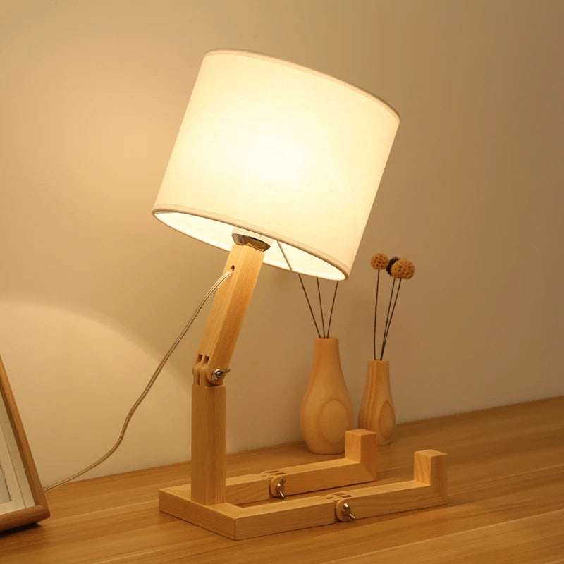 Nordic Wooden Robot LED Table Lamps Novelty E27 Fabric Bedside Art Desktop Lamp Childern Bedroom Decor Reading Book Night Lights