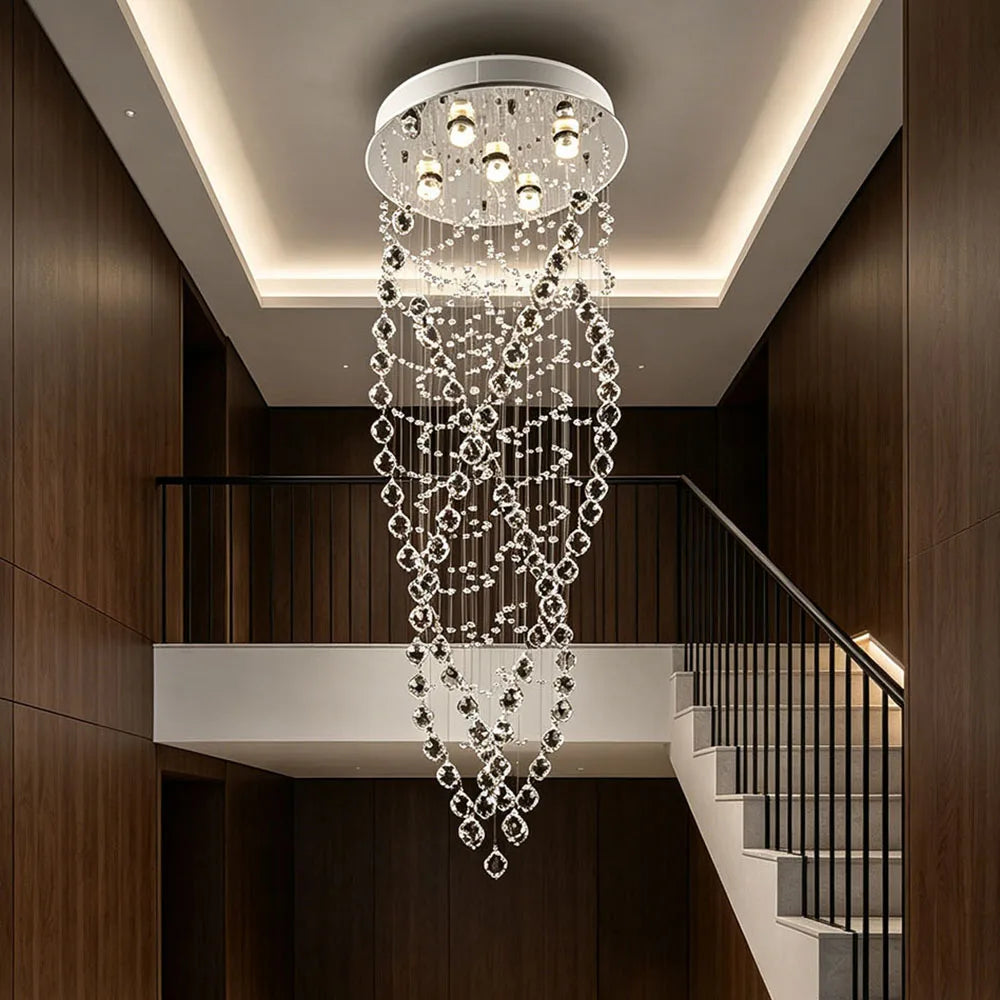 Elegant Multi Strand Waterfall Crystal Ceiling Lamp Long Vertical Crystal Chain Flush Mount Light For Large Living Room Stairwel