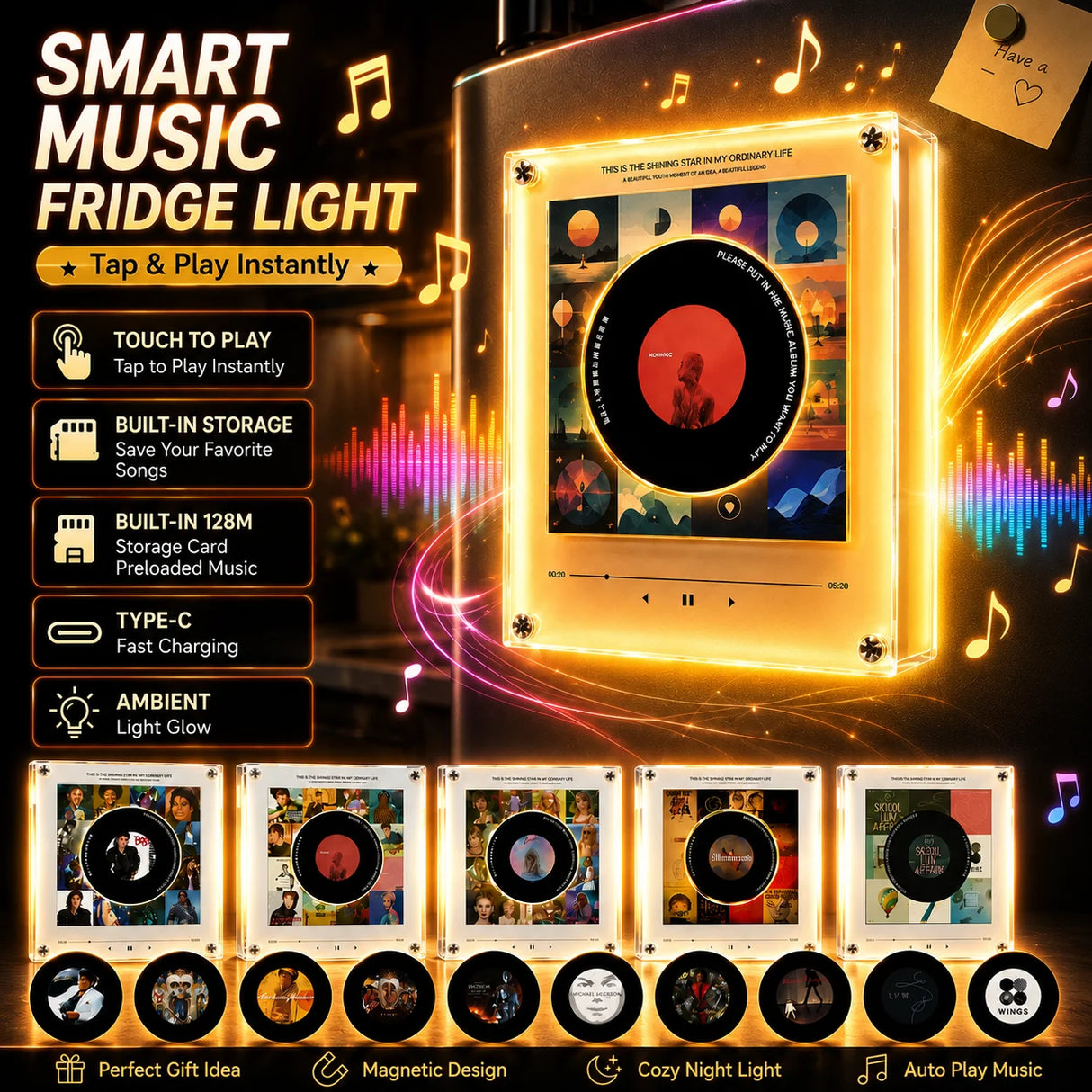 Smart Magnetic Music Vinyl Record Player Fridge Light - Touch-to-Play Album Magnet & LED Night Light Decor Lamp