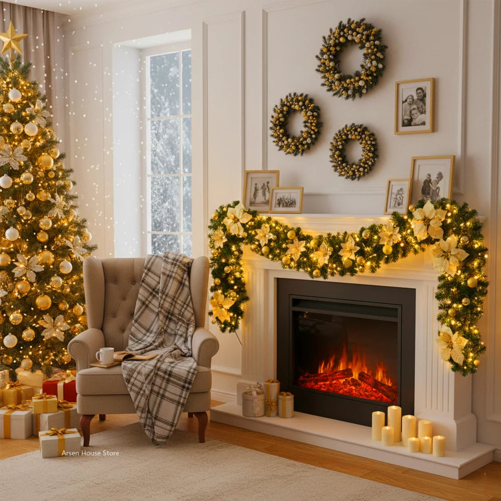 Christmas LED Rattan Garland 2.7m Artificial Xmas Tree Wreath, Decorative Banner for Home Fireplace Door Staircase Party Decor