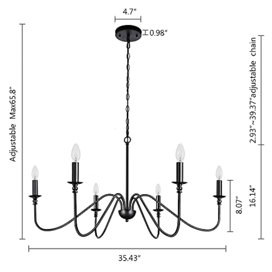 6-Light Iron Chandelier Black Farmhouse Chandelier Classic Candle Ceiling Pendant Light Fixture for Kitchen Island Dining Room