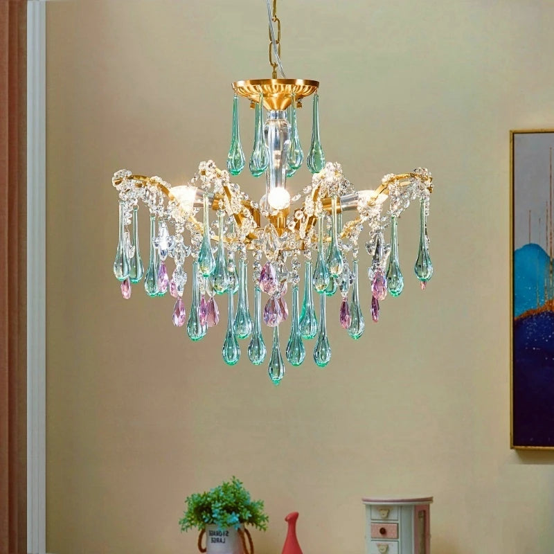 French Style Romantic Pink Green Crystal Pendant Lamp Colored Glass Full Copper/Iron Led Ceiling Light Living Room Bedroom Study