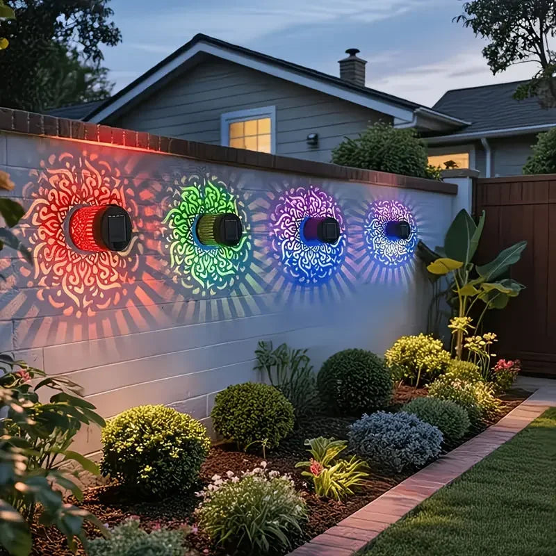 Colorful Mandala Lantern LED Solar Light Outdoor Projection Wall Lamp for Garden Terrace and Stair Lighting Courtyard Backyard