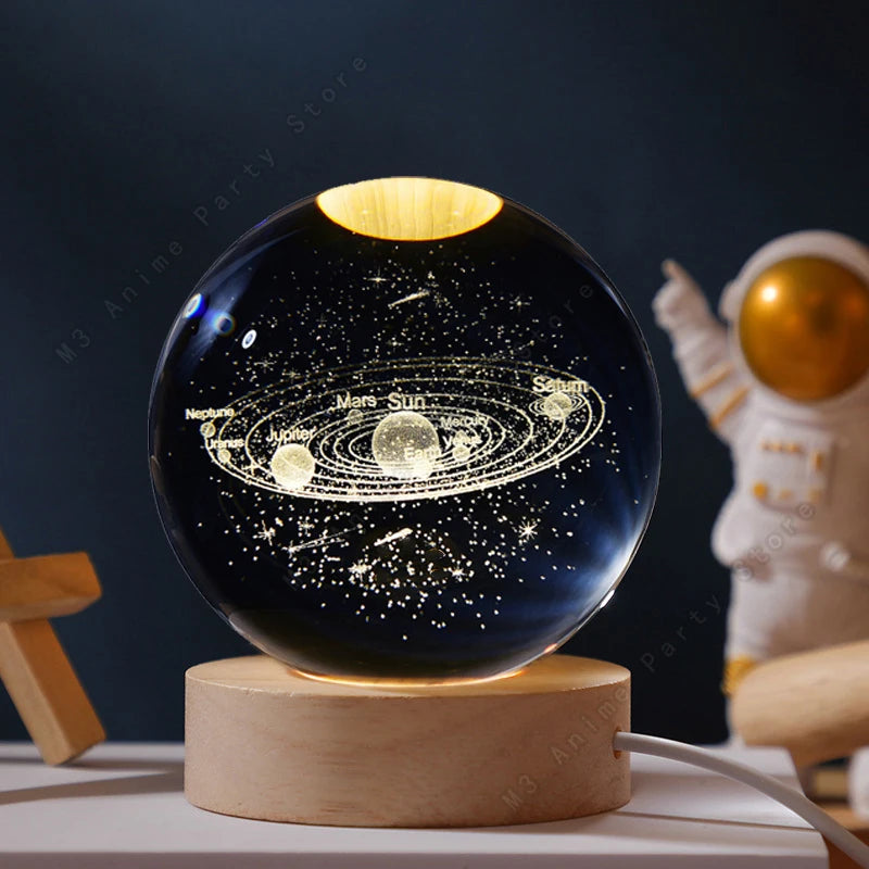 3D Crystal Ball LED Night Light (5cm) - Glowing Galaxy, Planets & Moon Bedside Lamp