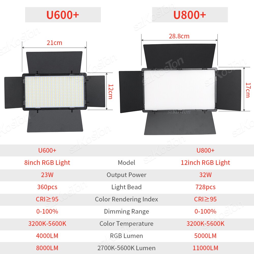 U800+ U600+ LED Video Light Photo Studio Lamp Bi-Color RGB Dimmable with Tripod Stand Remote for Photography Live Steaming