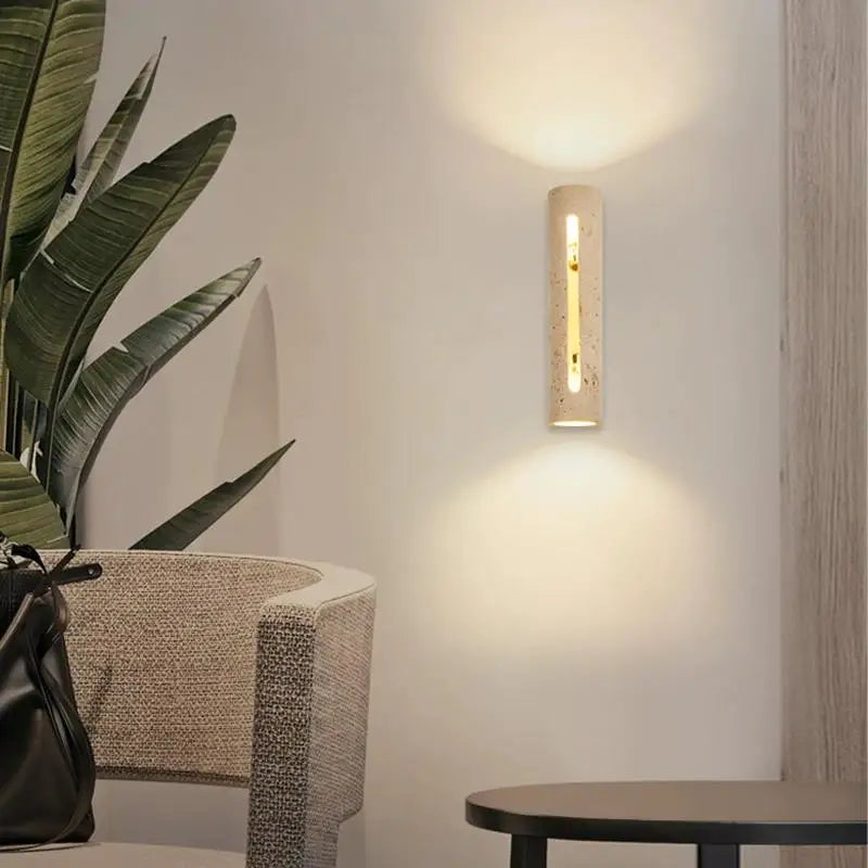 Yellow Cave Stone & Wood LED Wall Sconce Lamp - Wabi-Sabi Natural Travertine Stone Wall Light for Living Room, Bedroom Bedside & Corridor Decor