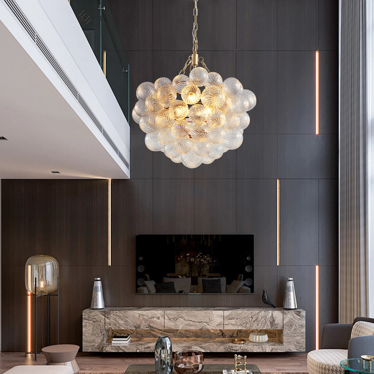 20-Inch Gold Pendant Light Chandelier with Threaded Clear Glass Globe Shade Adjustable Height (No Bulbs)