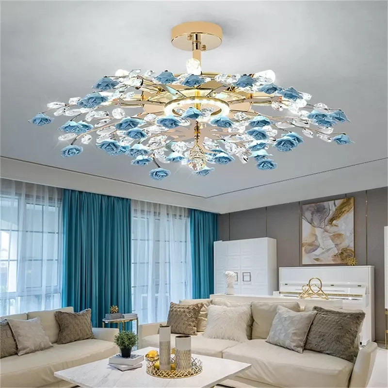 Flower Chandelier Lights Modern Ceramics Pink Flowers LED for Home Decor Dining Room Living Room Bedroom Ceiling Lamps
