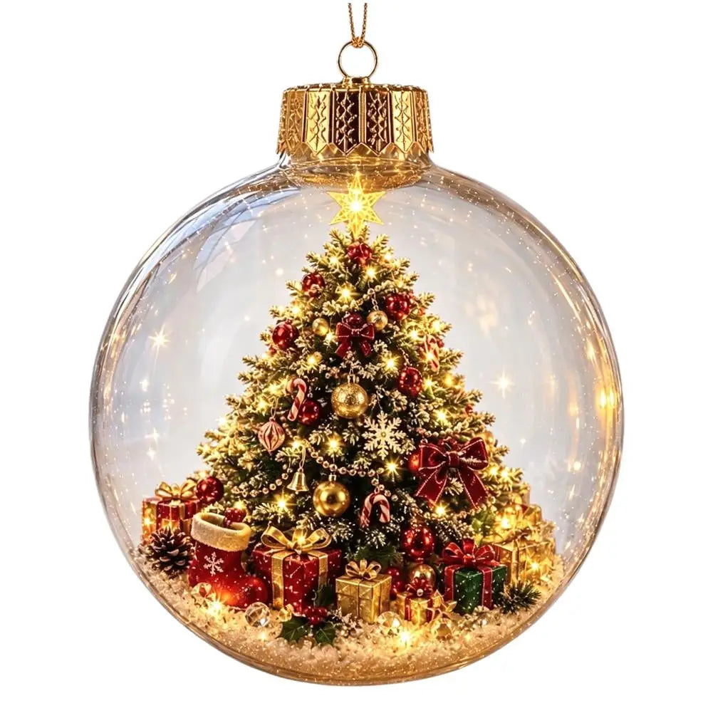 8cm Light Up Christmas Ball Ornament Plastic Transparent Hanging Pendant Warm LED Light Inside Scene Decor for Xmas Tree