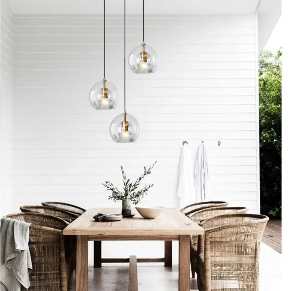 Nordic LED Loft Pendant Light Glass Amber/Clear Hanging Lighting Fixture Industrial Pendant Lamp for Kitchen Living Room Modern