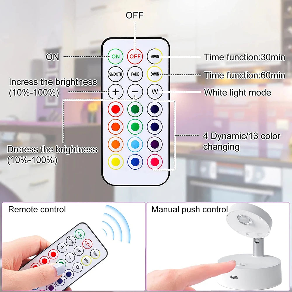 Wireless RGB Remote Spotlight Rechargeable Accent Lights LED Puck Lights Dimmable Timer Wall Lamp Up light Angle Artwork Lighting