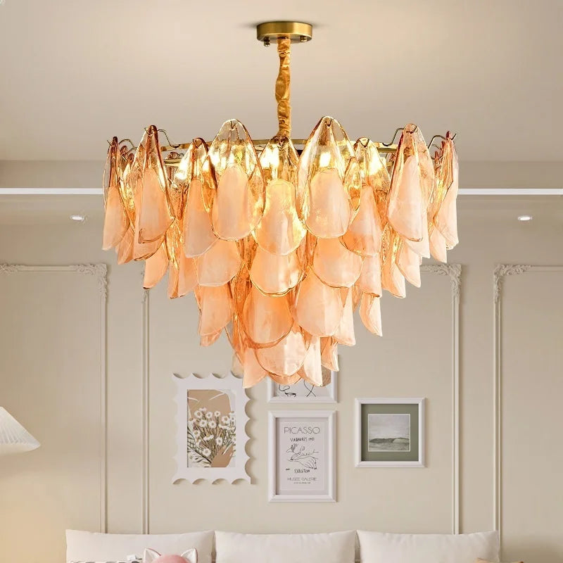 2025 New Designer Petal Shape Glass Chandelier Dimmable Stainless Steel Pendant Lamp Adjustable Ceiling Luster for Living Room
