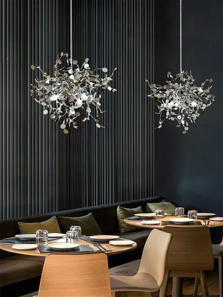 Modern Creative Stainless Steel Chrome Leaf LED Chandrlier Living Room Restaurant Pendant Lamp Display Window Bar Decor Lighting