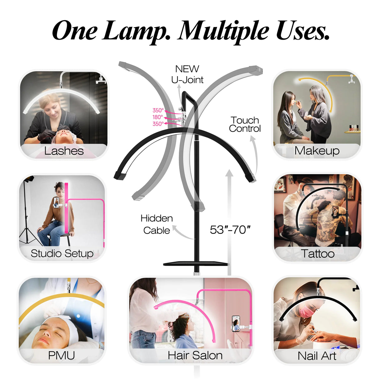 2027 New Free Logo L80 LED Lash Light Half-Moon Beauty Floor Lamp for Eyelash Extensions Hidden Cable Touch Salon Nail Tattoo