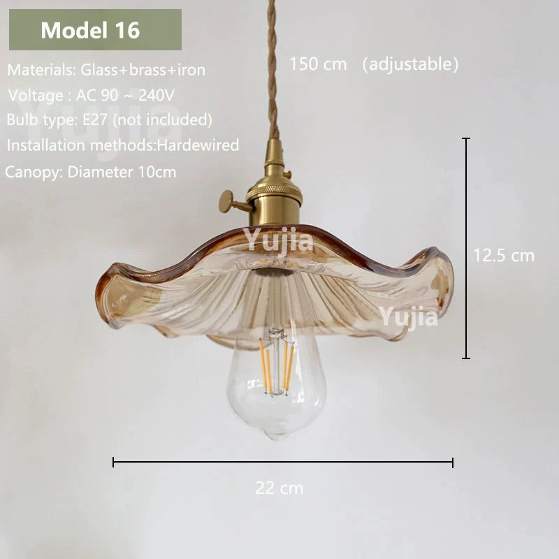 Vintage Amber Glass Pendant Light - Retro Brass Adjustable Hanging Hanging Lamp