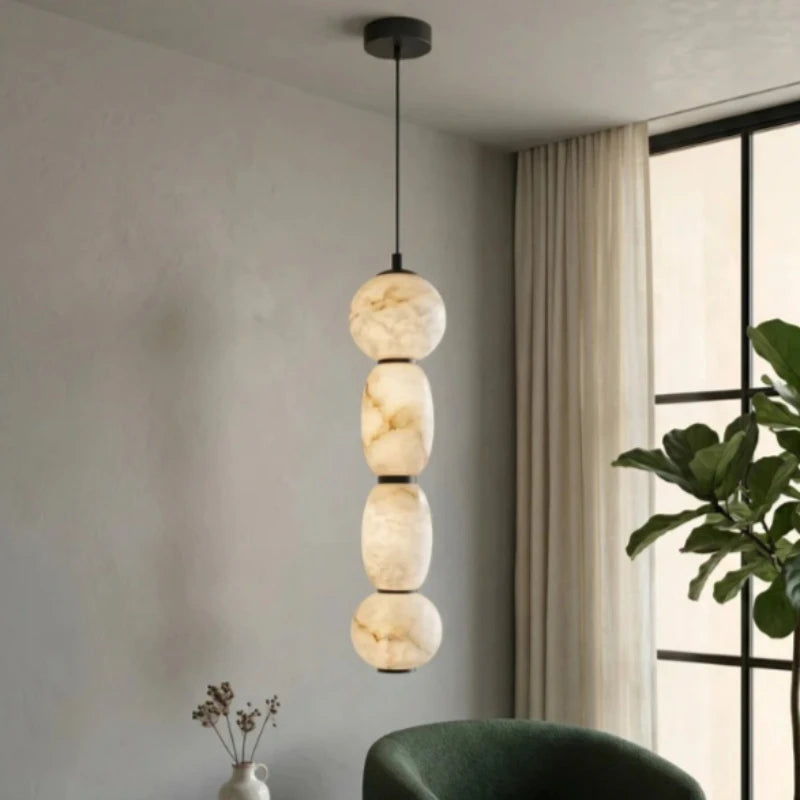 Designer Marble Alabaster Pendant Light - Natural Stone Ceiling Hanging Chandelier Fixture for Living Room, Dining Room & Home Decor