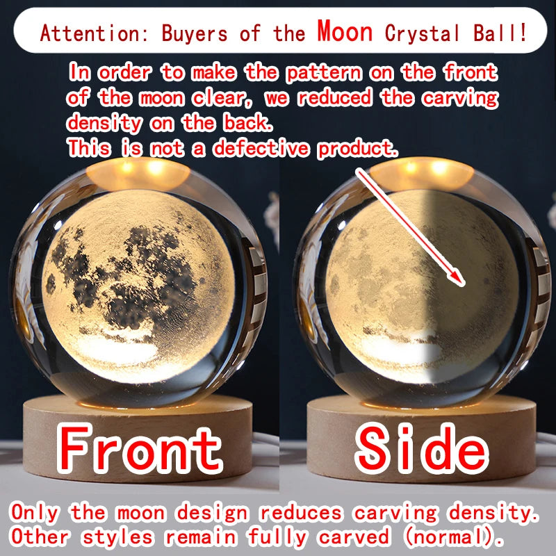 3D Crystal Ball LED Night Light (5cm) - Glowing Galaxy, Planets & Moon Bedside Lamp