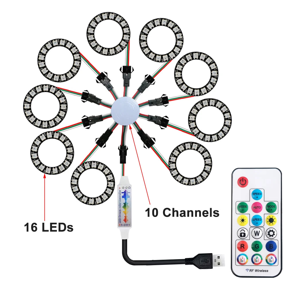 LED Sparkle Ring Light Circle Module WS2812B Individually Addressable RGB Atmosphere Lamp 17 Key Music Remote Control for Party