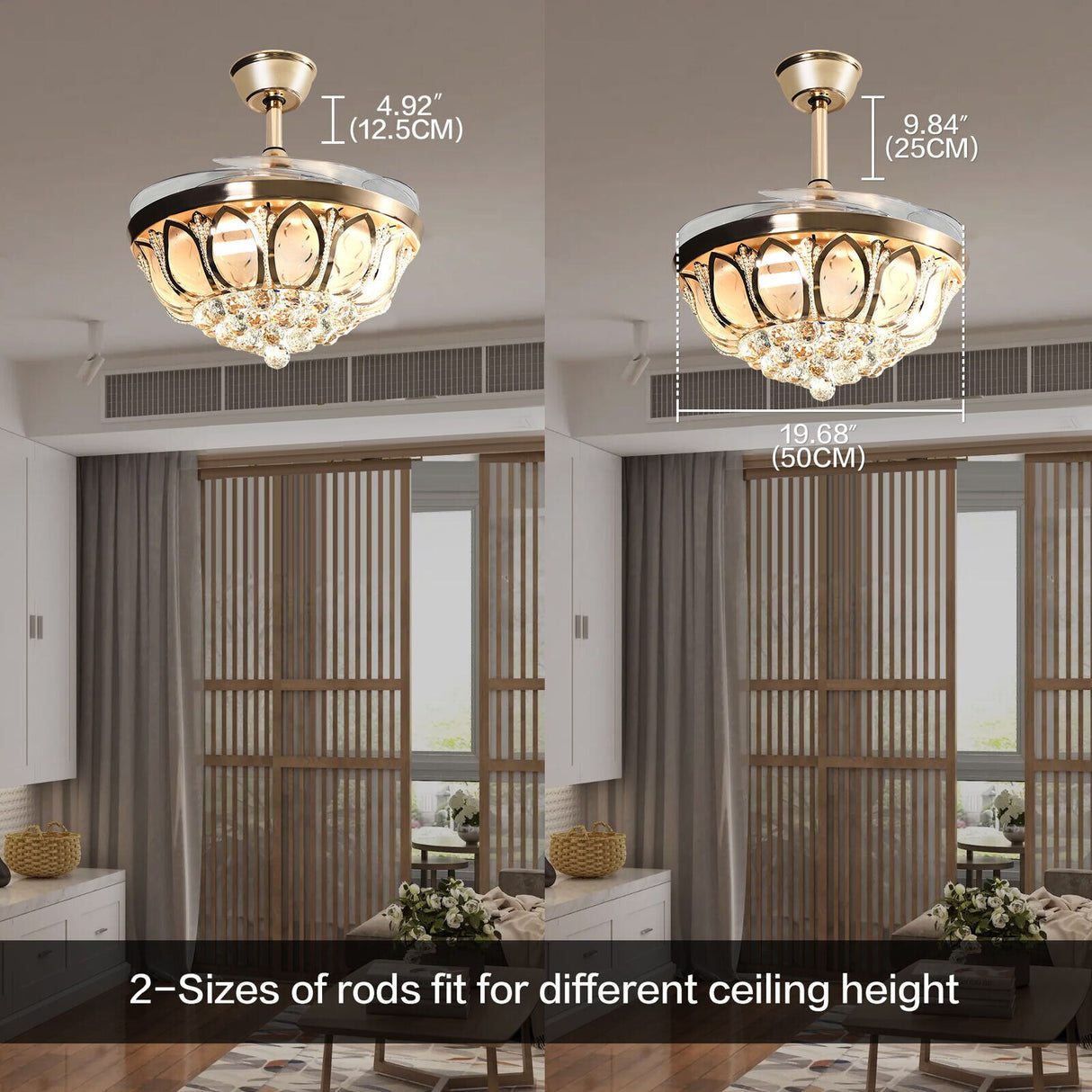 K9 Crystal Retractable Ceiling Fan Light Luxury LED Chandelier Lamp with Remote Control&4 Invisible Blades Golden