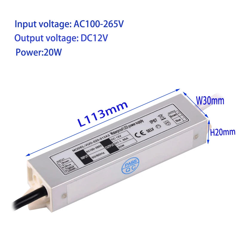 LED Waterproof Power Supply Input AC100-265V Output 12V 1A 12W/1.68A 20W /2.5A 30W/ 3.75A 40W /5A 60W /Transformer Driver