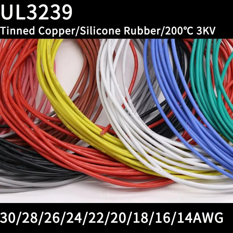 1/10M 14/16/18/20/22/24/26/28/30AWG UL3239 3KV Silicone Wire Insulated Tinned Copper Electrical Cable 3000V