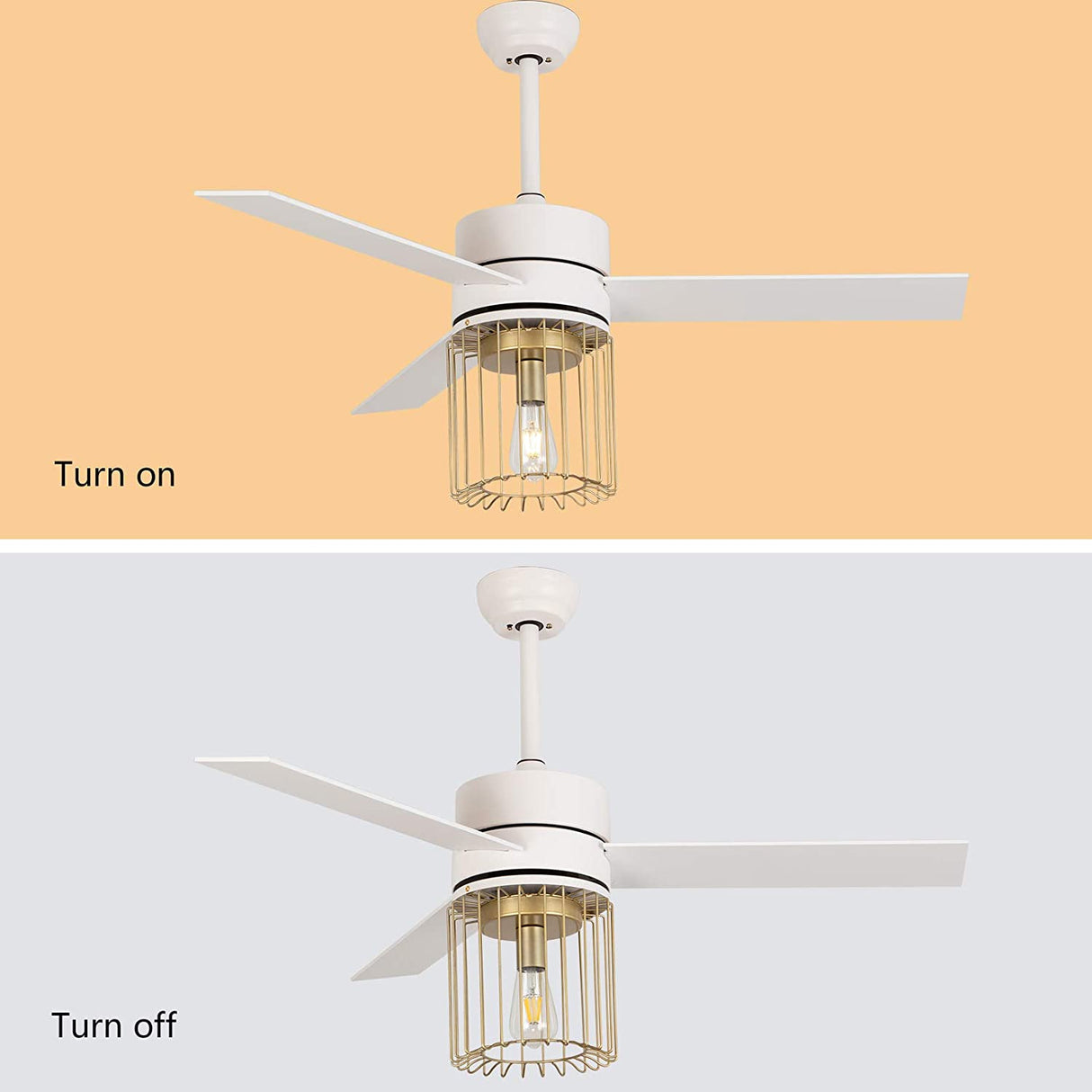48 Inch Black/White Ceiling Fan 3 Blades 1 Light with Metal Wire-Caged Lampshade and Remote Control for Bedroom