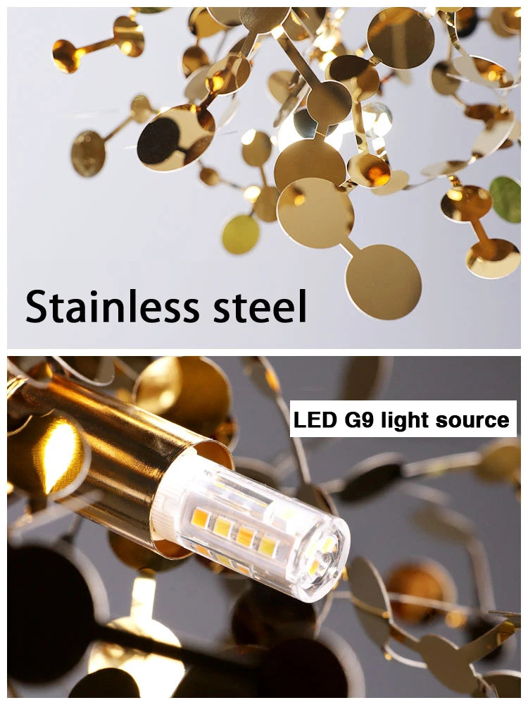 Nordic LED Chandelier Stainless Steel Chrome Leaf Personality Art Decors Living Dining Room Bar Table Hanging Lighting