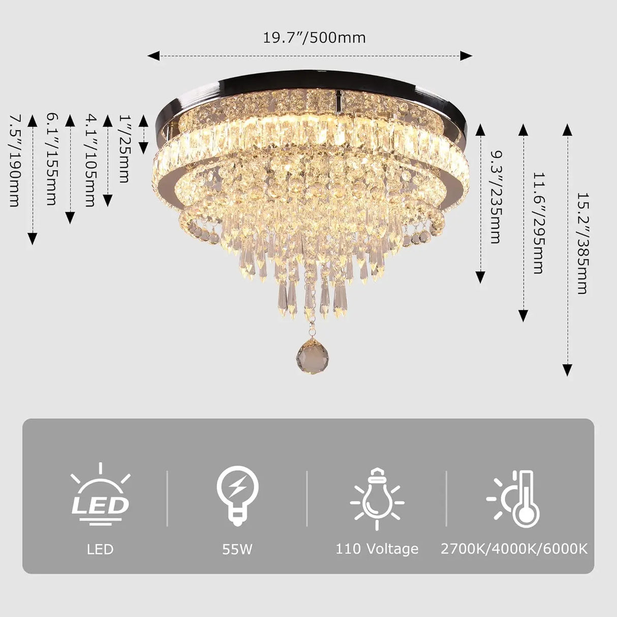19.7" Modern Crystal Chandelier Ceiling Light LED Chandeliers Flush Mount Ceiling Light Fixture for Bedrooms Living Dining Room