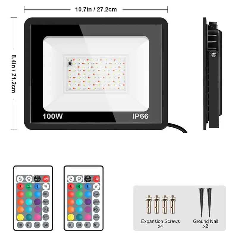 AT29 100W RGB LED Floodlights (2-Pack) - Color-Changing IP66 Waterproof Outdoor Landscape Spotlight with Remote for Halloween & Christmas
