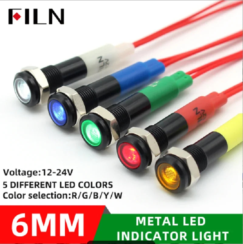6mm mini 12v 24V LED Metal indicator light flat pilot light signal lamp red green blue orange white with 20cm cable
