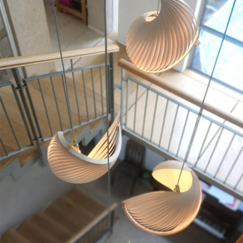 Japanese Style Duplex Staircase Chandelier Handmade Pleated Finish Wood Hanging Lights for Dining Bedroom Staircase Fixture