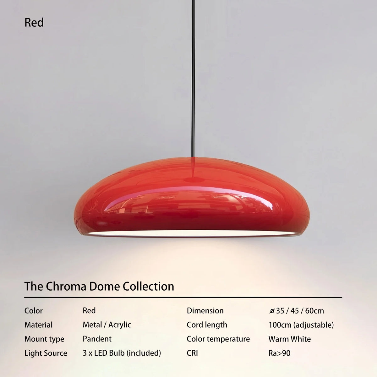 Contemporary Glossy Dome Shade Chroma Dome Black White Orange Red Vibrant Distinct Retro Minimalist Dining Room Pendant Light