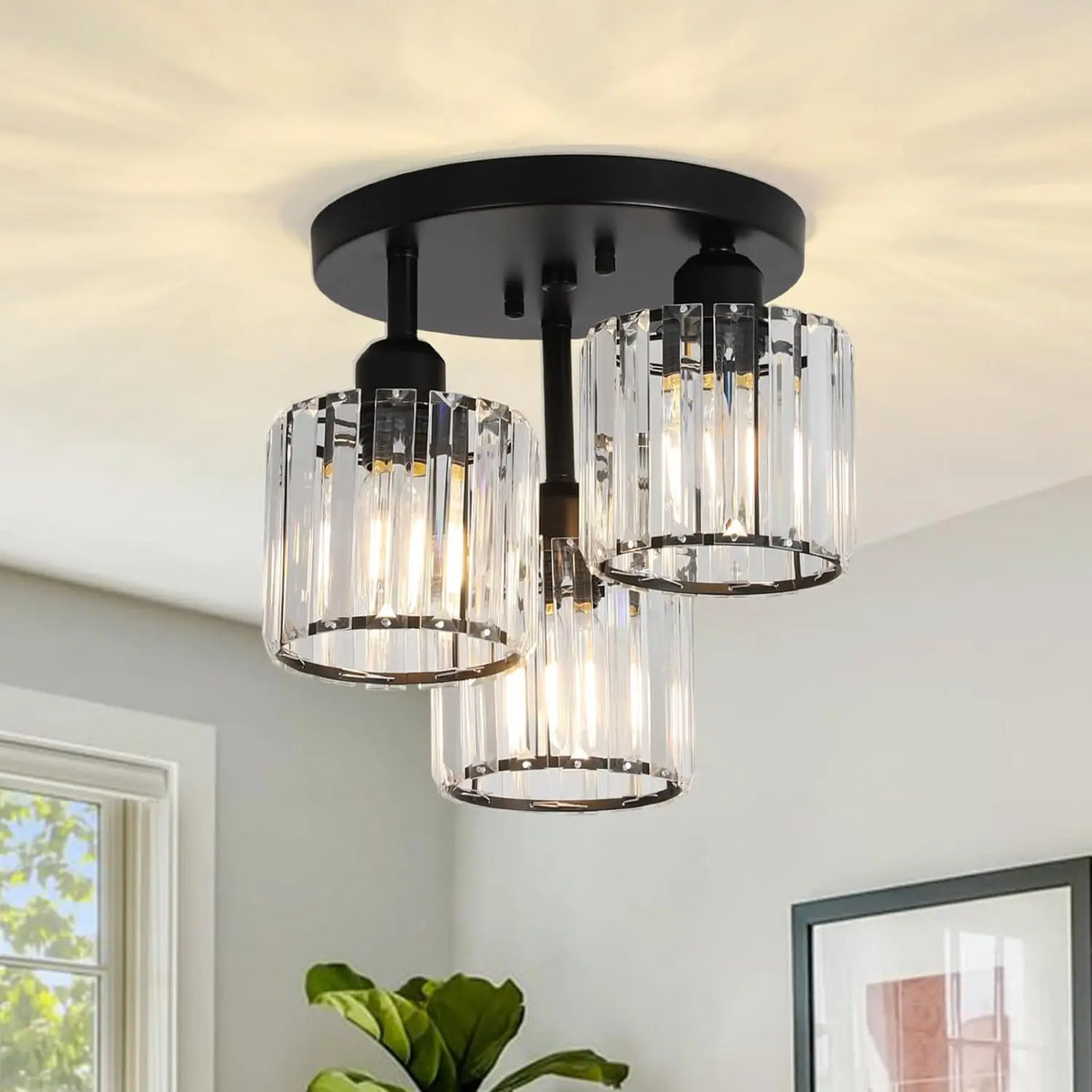 Modern Semi Flush Mount Ceiling Light, 3-Light Crystal Gold Close to Ceiling Fixture, Clear Crystal Shade for Kitchen Hallway Ba