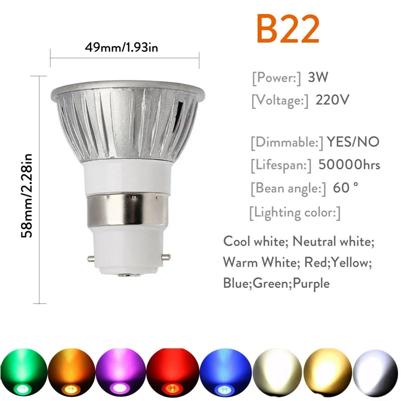 Dimmable LED Spotlight GU10 MR16 GU5.3 E27 E14 E12 B22 B15 3W Bulb Lamp Adina 110V 220V 12V Lamp Bombillas Lights For Home Decors