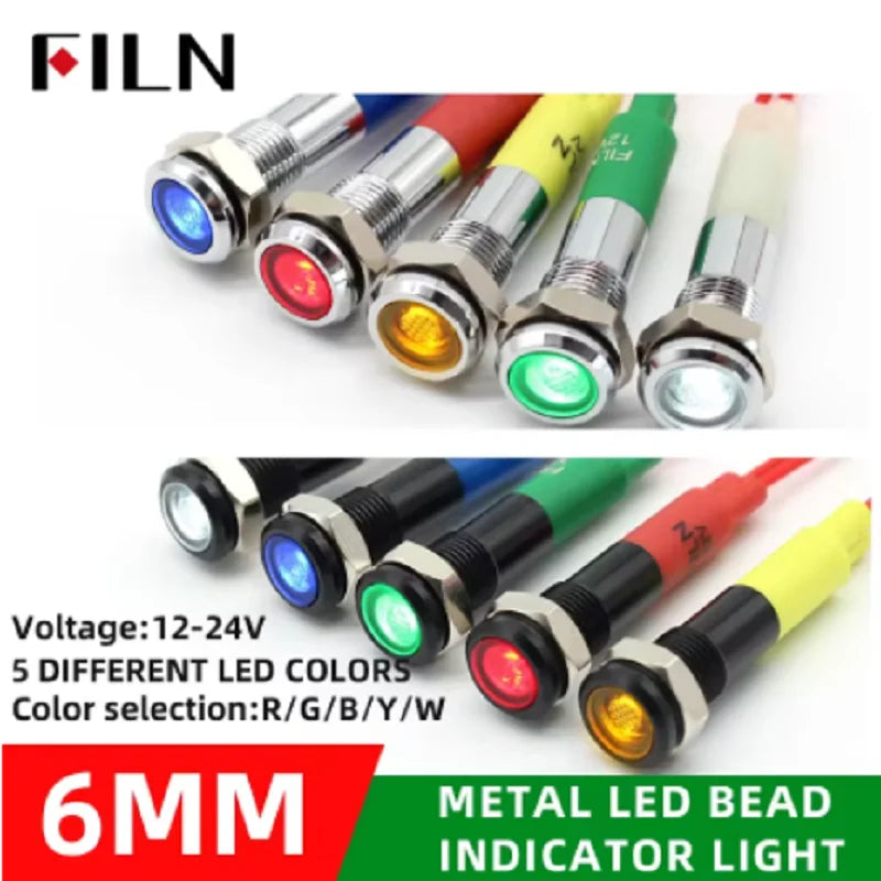 6mm mini 12v 24V LED Metal indicator light flat pilot light signal lamp red green blue orange white with 20cm cable