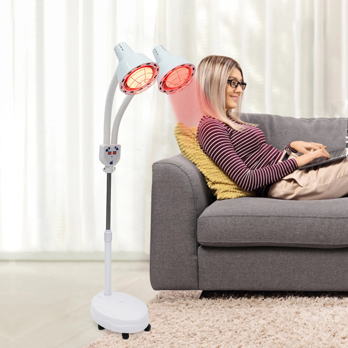 Red Light Therapy LED Electric Infrared Baking Lamp 275W Double-head 360° Adjustable Temperature Heat Lamp Remote Control With Rotating Pulley Base