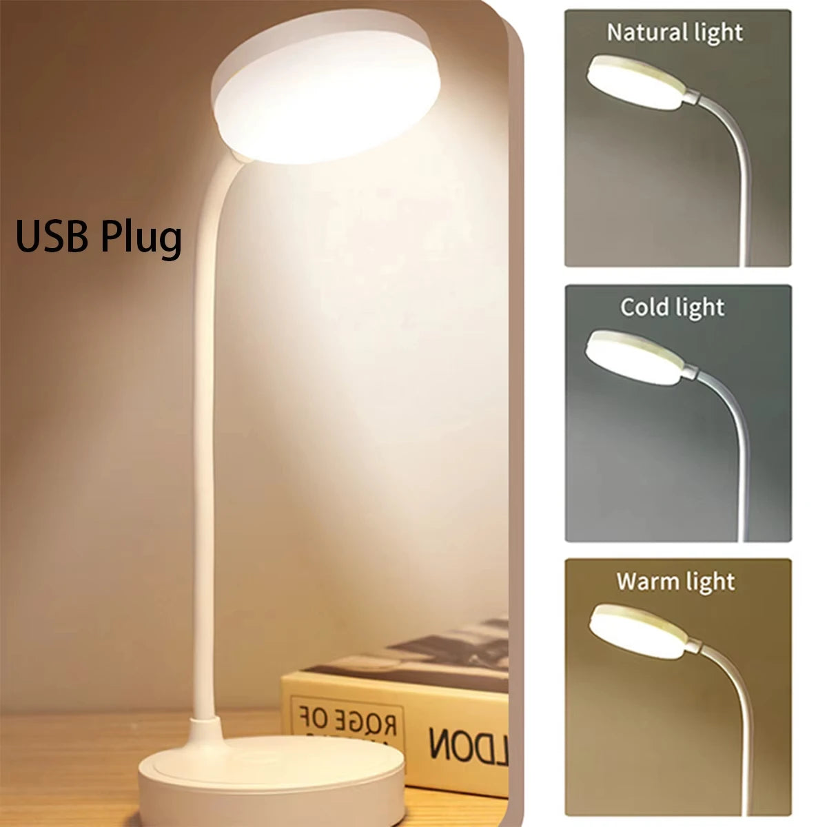 Portable LED Desk Lamp USB Plug in Table Light Support 3 Color Stepless Dimming Eye Protection Bedroom Bedside Lamp